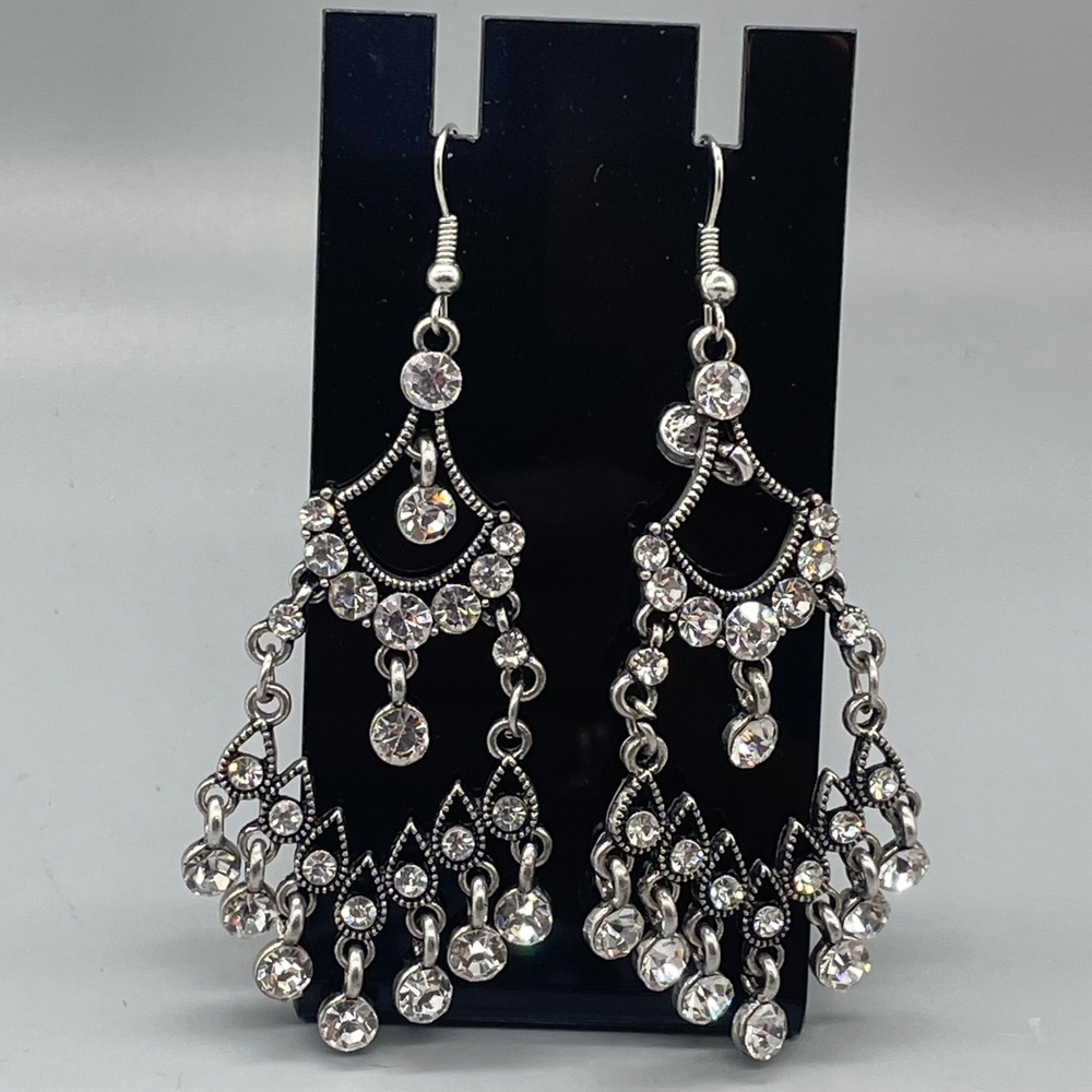 Silver Tone Rhinestone Chandelier Statement Earrings Formal Wedding Dangle 2.75"